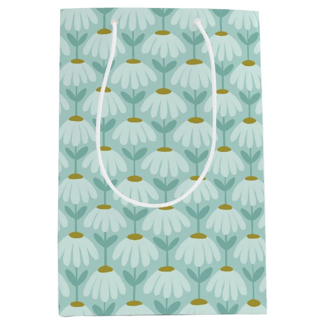 Vintage Floral Daisies Pattern Teal Blue & Olive Medium Gift Bag (Front)
