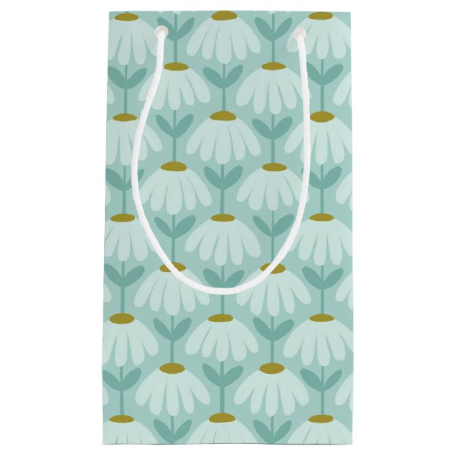 Vintage Floral Daisies Pattern Teal Blue & Olive Small Gift Bag (Front)