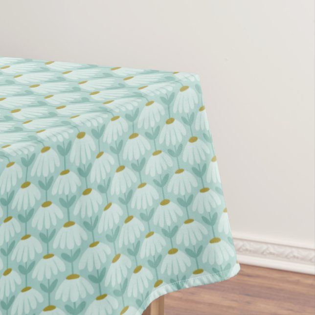 Vintage Floral Daisies Pattern Teal Blue & Olive Tablecloth (In Situ)
