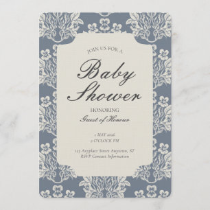 Vintage Floral Damask Baby Shower Blue Beige Invitation