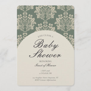 Vintage Floral Damask Baby Shower Green Beige Invitation
