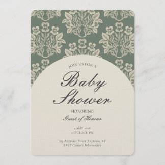 Vintage Floral Damask Baby Shower Green Beige Invitation