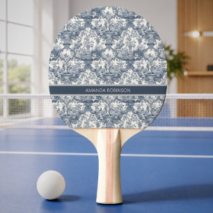 Vintage floral damask Blue toile de jouy monogram Ping Pong Paddle