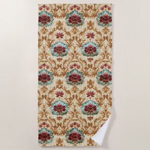 Vintage Floral Damask in Turquoise and Burgundy Beach Towel
