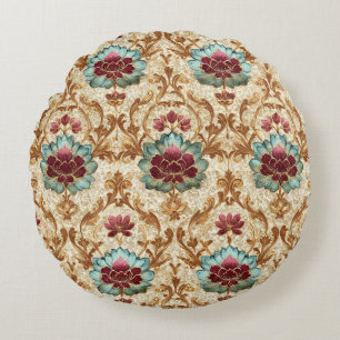 Vintage Floral Damask in Turquoise and Burgundy Round Cushion