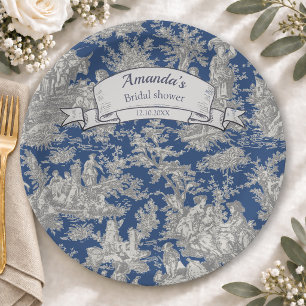 Vintage floral dark blue toile de jouy shower  paper plate