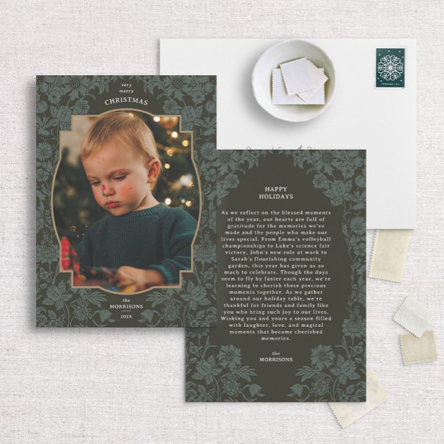 Vintage Floral Dark Green Christmas Photo Card (Creator Uploaded)