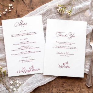 Vintage Floral Dark Wine Red Victorian Wedding Menu