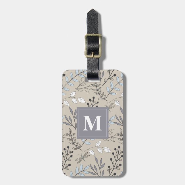 Vintage Floral DragonFly Pattern Monogram Luggage Tag (Front Vertical)
