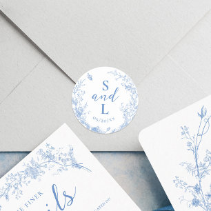 Vintage Floral Dusty Blue Elegant Wedding Favour Classic Round Sticker