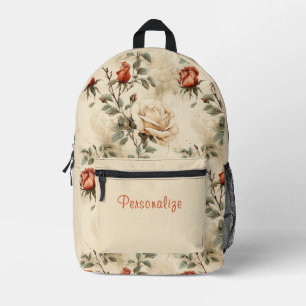 Vintage Floral Elegance with Custom Name Printed Backpack