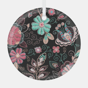 Vintage Floral Embroidery Dark Pattern Glass Tree Decoration