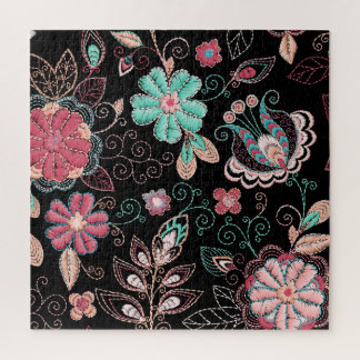 Vintage Floral Embroidery Dark Pattern Jigsaw Puzzle