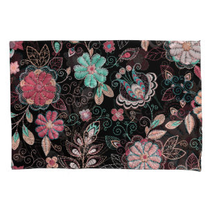 Vintage Floral Embroidery Dark Pattern Pillowcase