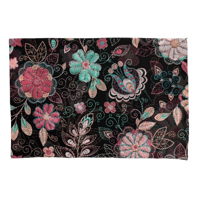 Vintage Floral Embroidery Dark Pattern Pillowcase (Front)