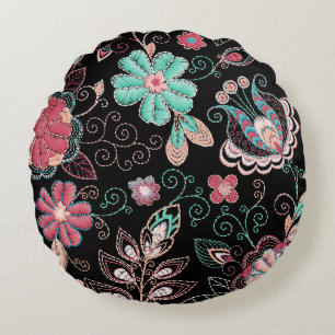 Vintage Floral Embroidery Dark Pattern Round Cushion
