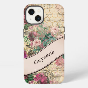 Vintage Floral Ephemera with Pink Ribbon Monogram iPhone 13 Case