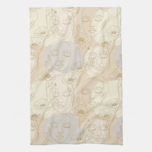 Vintage Floral Face Line Pattern (1) Tea Towel
