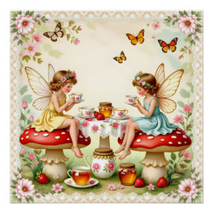 Vintage floral fairy picnic garden poster