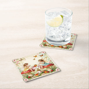Vintage floral fairy picnic garden square paper coaster
