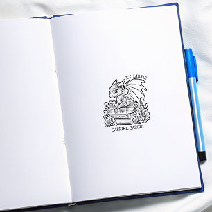 Vintage Floral Fantasy Dragon Bookplate Rubber Stamp