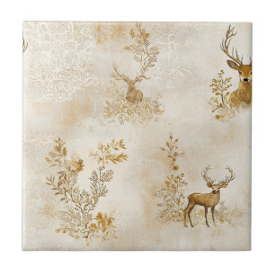 Vintage Floral Fawn Pattern Ceramic Tile