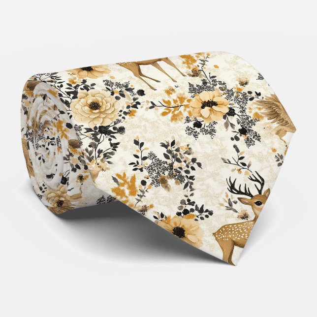 Vintage Floral Fawn Pattern Tie (Rolled)