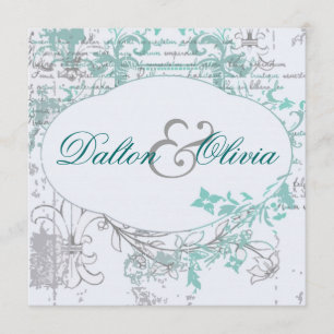 Vintage Floral Fleur De Lis Teal Wedding Invitation