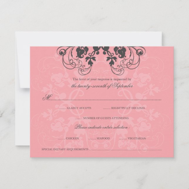 Vintage Floral Flourish Charcoal Pink RSVP Card (Front)