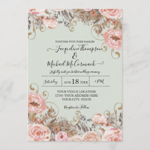 Vintage Floral Foliage Pink Gold Boho Wedding Invitation