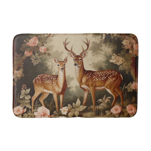 Vintage Floral Forest Deer Bath Mat (Front)