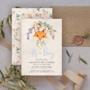 Vintage Floral Fox Boy Baby Shower Invitation
