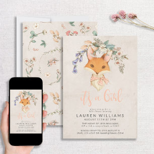 Vintage Floral Fox Girl Baby Shower Invitation