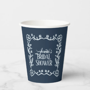 Vintage Floral Frame Blue Bridal Shower Paper Cups