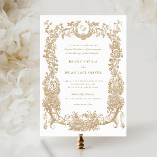 Vintage Floral Frame Vine Toile Gold Crest Wedding Invitation