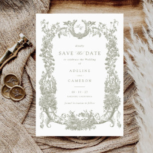 Vintage Floral Frame Vines Toile Sage Wedding Invitation