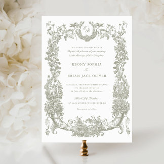 Vintage Floral Frame Vines Toile Sage Wedding Invitation