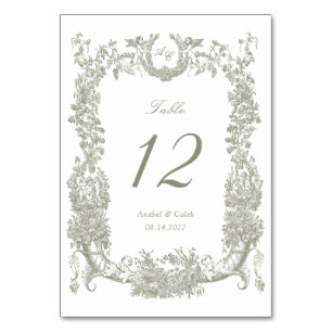 Vintage Floral Frame Vines Toile Sage Wedding Table Number