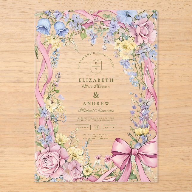 Vintage floral frame wedding acrylic invitations (Front)