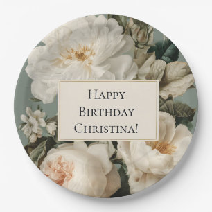 Vintage Floral Frame with Cream and Pink Roses Paper Plate
