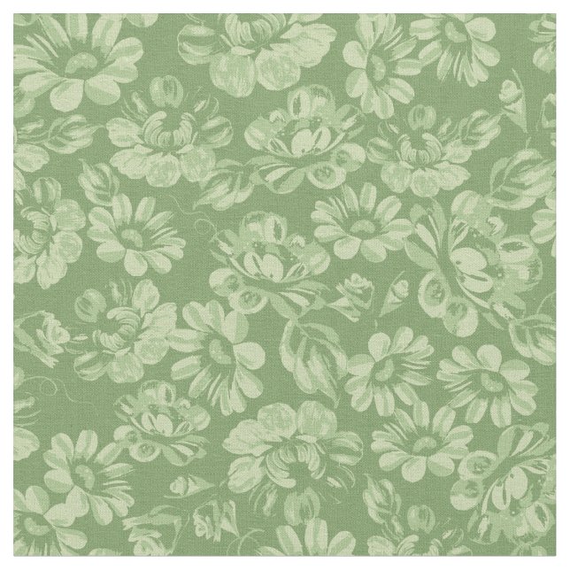 Vintage Floral French Country Green Flowers Fabric (Close Up)