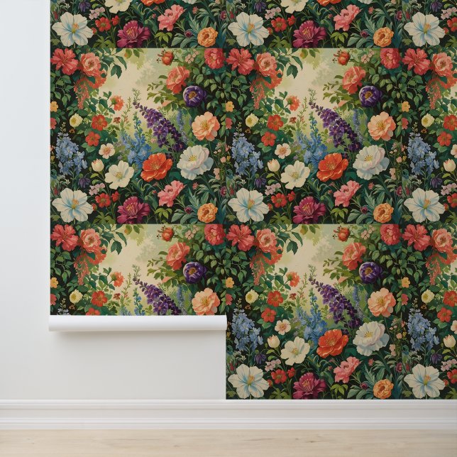Vintage Floral Garden Peel and Stick Wallpaper (Application)