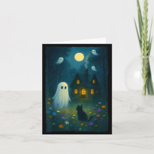 Vintage Floral Ghost Black Cat Halloween Ghost Card