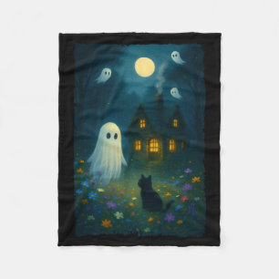 Vintage Floral Ghost Black Cat Halloween Ghost Fleece Blanket