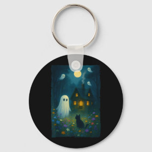Vintage Floral Ghost Black Cat Halloween Ghost Key Ring