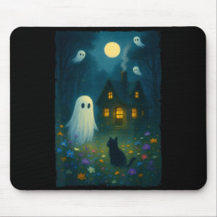 Vintage Floral Ghost Black Cat Halloween Ghost Mouse Pad