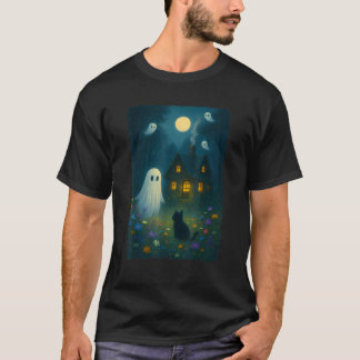 Vintage Floral Ghost Black Cat Halloween Ghost Spo T-Shirt