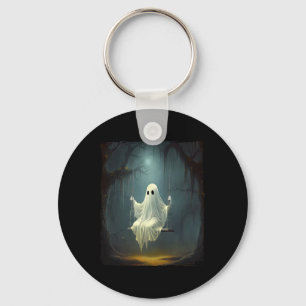 Vintage Floral Ghost On Swing In Forest Spooky Hal Key Ring