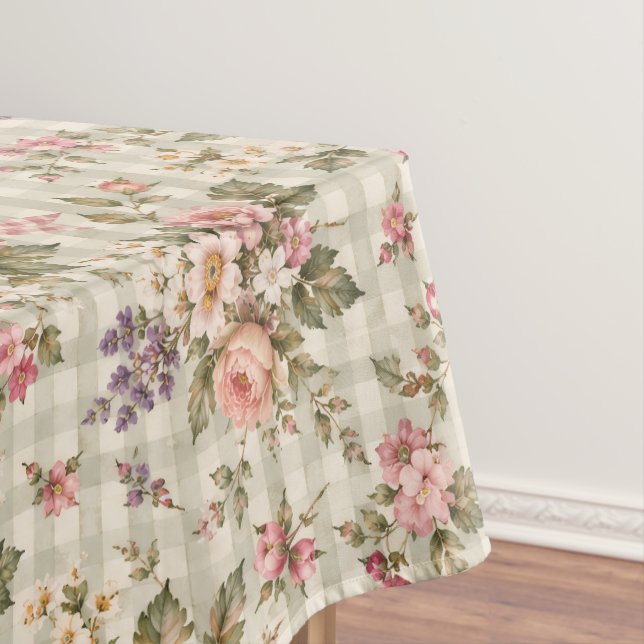 Vintage Floral Gingham Garden Pattern Tablecloth (In Situ)