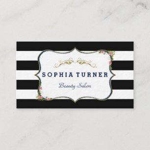 Vintage Floral Gold Black & White Stripes Business Card